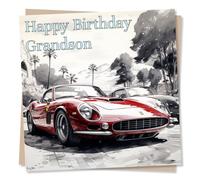 Happy Birthday Card for Grandson - Red Classic Car - Vintage Car Design - Greetings Wish for Grandson from Grandparents - Made in UK