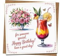 Happy Birthday Card for Someone Special - Square 145mm x 145mm - Floral Bouquet & Cocktail Design - Greeting Card with Kraft Envelope