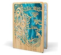 Happy Birthday Card For Wife - | Made From Real Bamboo | 6" X 4.5" - 1 Pack (Envelope Included) | Laser Cut, Peacock Themed Birthday Card for Wife from Husband or Significant Other