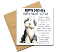 Happy Birthday Card from the Dog for Mum or Dad, You're So Pawsome I Woof You, Dog Lover Card with Poem Verse, Cartoon Doodle Old English Sheepdog