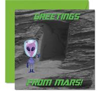 Happy Birthday Card - Greetings from Mars - Welcome, Happy Birthday Funny Alien Generic Greetings Card for Him or Her, 145mm Greeting for Son Nephew Grandson Kid Children
