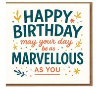 Happy Birthday Card - 'May Your Day Be As Marvellous As You' - Colourful Hand-Lettered Typography with Confetti and Leaves - Cheerful Greeting for Friends, Family or Colleagues