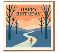 Happy Birthday Card - Minimalist Landscape with Winding Path, Bare Trees and Person in Red Coat at Sunset - Modern Scenic Design