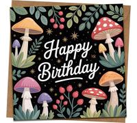 Happy Birthday Card - Mushroom Forest Botanical Design, Square 145mm x 145mm, Black Night Sky with Stars, Cute Fungi and Berries, Includes Kraft Envelope - Nature Themed Greeting Card