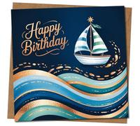 Happy Birthday Card - Nautical Sailing Boat & Waves Design, 145mm x 145mm Square, Luxury Blue Seascape, Includes Kraft Envelope