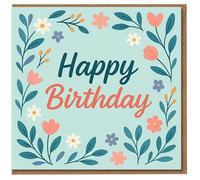 Happy Birthday Card - Pastel Floral Design with Blossoms & Leaves on Mint Background - Cute Botanical Greeting