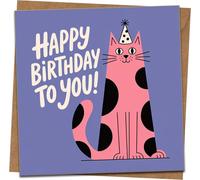 Happy Birthday Card - Pink Spotty Cat with Party Hat, Cute Fun Design, 145mm x 145mm Square, Includes Kraft Envelope, for Him Her Kids Friends Adults