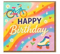 Happy Birthday Card - Rainbow Retro Roller Skate & Bicycle Design with Colourful Hearts, Stars and Daisies - Playful, Bright Greeting for Anyone