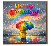 Happy Birthday Card - Rainbow Umbrella in the Rain with Rainbow and Confetti - Bright Colourful Illustrated Birthday Greeting Card for Anyone