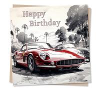 Happy Birthday Card - Red Classic Car - Vintage Car Design - Greetings Wish for Men - Made in UK
