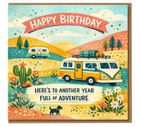 Happy Birthday Card - Retro Camper Van Adventure Design, Colourful Illustrated Landscape with Dog - 'Here's to Another Year Full of Adventure' - Travel Lover Card for Him or Her, Friend or Family