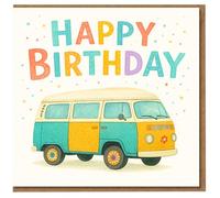 Happy Birthday Card - Retro Camper Van Illustration with Colourful Confetti - Cute Travel Theme for Campervan & Road Trip Lovers