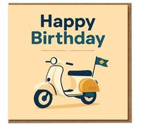 Happy Birthday Card - Retro Scooter Illustration with Flag, Vintage Moped Design, Cute Travel-Themed Greeting for Motorbike Fans, Friends and Family