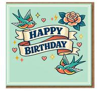 Happy Birthday Card - Retro Tattoo Swallows and Rose Design, Hearts and Stars, Blank Inside, Cute Birthday Greeting for Him, Her, Friend or Family