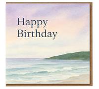 Happy Birthday Card - Serene Watercolour Seaside at Sunset, Gentle Waves and Pastel Sky, Elegant Coastal Birthday Greeting