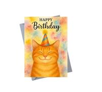 Happy Birthday Card, Smiling Ginger Cat with Party Hat Pattern