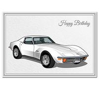 Happy Birthday card - Unique Corvette Stingray - Modern, white design - Exclusive Vector Artwork - Premium quality - Superior printing - Special Keepsake greetings - Car and Chevy Auto Lovers
