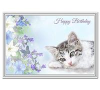 Happy Birthday Card Wishes for Women - Special Female Greeting Her - Cute Cat Flowers Watercolour Beautiful Art - Blank inside for own message - A5 Medium size - Self-Seal env - UK Eco-Friendly