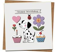 Happy Birthday Card with Cute Dalmatian Dog, Cupcakes & Flowers, 145mm x 145mm Square, Includes Kraft Envelope, Fun Puppy Design for Kids, Girls, Boys, Women & Men