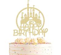 Happy Birthday Castle Cake Topper - Colourful Cake Topper for Children's Birthday, Princess and Fairy Tale Theme (Gold)