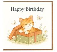 Happy Birthday Cat Card - Cute Ginger Kitten in Gift Box with Butterflies and Wildflowers - Adorable Birthday Card for Cat Lovers, Kids and Adults