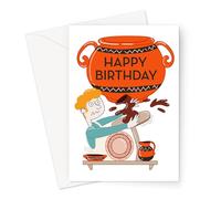 Happy Birthday Ceramics Greeting Card | Man Surrounded by Pots at Pottery Wheel Card for Potter, Hobby Birthday Card for Pottery Lovers