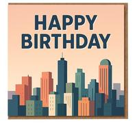 Happy Birthday City Skyline Card - Bold Modern Typography Urban Skyscraper Design - Contemporary Birthday Card for Friends, Family, Colleagues