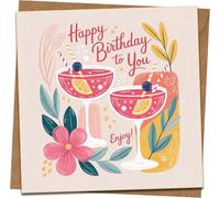 Happy Birthday Cocktail Card - 145 x 145 mm Square Greeting Card with Kraft Envelope, Pink Drinks & Floral Illustration, Fun Celebration Design for Her, Him, Friend, Mum, Sister