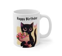 Happy Birthday Coffee Mug, Black Cat with Flowers Design