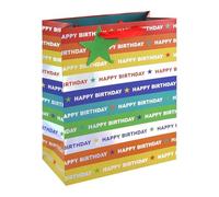 Happy Birthday Colourful Stripes Extra Large Gift Bag 33cm - Paper Present Bag with Red Ribbon Handles & Star Name Tag