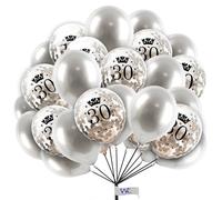 Happy Birthday Confetti Balloons 10-Inch Pearl Silver Balloons with 30th Silver Age Confetti Birthday Balloon Set for Happy Birthday Party Decorations Pack of 12.