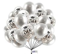 Happy Birthday Confetti Balloons 10-Inch Pearl Silver Balloons with 50th Silver Age Confetti Birthday Balloon Set for Happy Birthday Party Decorations Pack of 12.