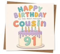 Happy Birthday Cousin Card - 91st Birthday Card for Cousin, Colourful Cake Design with Candles and Bold Lettering