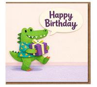 Happy Birthday Crocodile Card - Cute Alligator with Present, Speech Bubble Design - Fun Kids Birthday Greeting Card