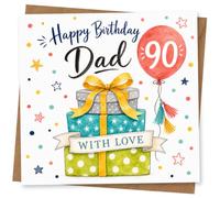 Happy Birthday Dad 90th Birthday Card with Gift Boxes, Balloon and 'With Love' Message