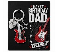 Happy Birthday Dad Guitar Rock Keychain with Sentimental Black Card, Red Electric Guitar Star Guitar Pick Keyring Engraved You Rock, Rock Music Themed Birthday Gift for Father Dad Stepdad Music Lover