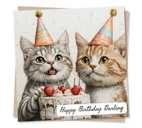 Happy Birthday Darling Card - Cat Lover Card For Her/For Him - Animal Lover, Cake Lover - Birthday Card For Friend, Partner, Girlfriend, Boyfriend, Husband, Loved One