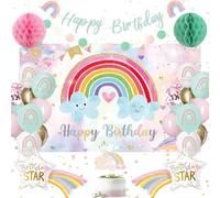 Happy Birthday Decoration for Girls, Happy Birthday Banner/Balloons, 150*100CM Rainbow Backdrop, Cake Topper, Pom Poms, Dots Garland, Pastel Party Decorations For Girls