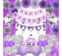 Happy Birthday Decorations Balloons Banner - 63Pcs Purple Silver Paper Pompom Decoration Set with Cake Topper, 3D Butterfly Hanging Tassel Curtain for Women Birthday Party Supplies