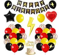 Happy Birthday Decorations Black Red Yellow 39 Pieces Banner Set Happy Birthday Black Balloons Lightning, Star and Red Heart Balloons Cake Topper for Birthday Party, Wedding