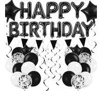 Happy Birthday Decorations - Black & White Letter Banner, Helium Balloons & Confetti for Party Supplies