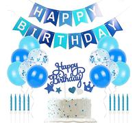 Happy Birthday Decorations Kit with Blue White Happy Birthday Banner, Blue Confetti Latex Balloons, Blue Birthday Cake Toppers, Blue Spiral Birthday Candles for Men Women Girls Boys Party Decorations