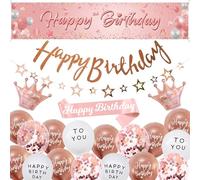 Happy Birthday Decorations Rose Gold - Large Happy Birthday Banner and Star Garland for Girls Women, Sash Crown Foil Balloon Confetti Balloons for Kids Adults Party Supplies