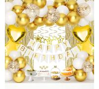 Happy Birthday Decorations Set, Gold And White Balloons, Banner, Curtains | Clear Gold Confetti Styles, 2 Heart And 2 Star Foil Shapes, 6 Spiral Hangers, For Cake Wall, Home Parties And Photo Backdrops