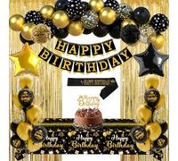 Happy Birthday Decorations Set, Happy Birthday Banner Black and Gold Balloons, Tablecloth, Sash, Cake Topper, Fringe Curtain, Pom Poms, Black and Gold Party Decorations for Men Women Girls Boys