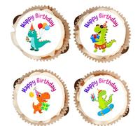 Happy Birthday Dinosaurs - Edible Cupcake Toppers - Vanilla Flavoured Icing Cupcake Decoration - 2 Sizes To Choose From (30 x 38mm)