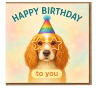 Happy Birthday Dog Card - Cute Cocker Spaniel Wearing Star Glasses and Rainbow Party Hat - Fun Birthday Card for Dog Lovers, Kids, Friends & Family