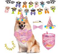 Happy Birthday Dog Party Supplies Kit - Dog Party Hat, Bandana, Bowtie & Happy Birthday Banner Decorations for Small Dogs, Puppy Birthday Outfit Accessories & Pet Birthday Party Decor (Pink)