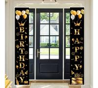 Happy Birthday Door Banner Party Decoration for Him Her,Black Gold Fabric Birthday Door Porch Sign Banner Pull Flag Porch Backdrop for Boys Girls Women Men Birthday Indoor Outdoor Decor Party Supplies