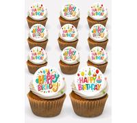 Happy Birthday Edible Cupcake Toppers 24 x Pre-cut Ready to use Birthday Party Supplies Fairy Cakes